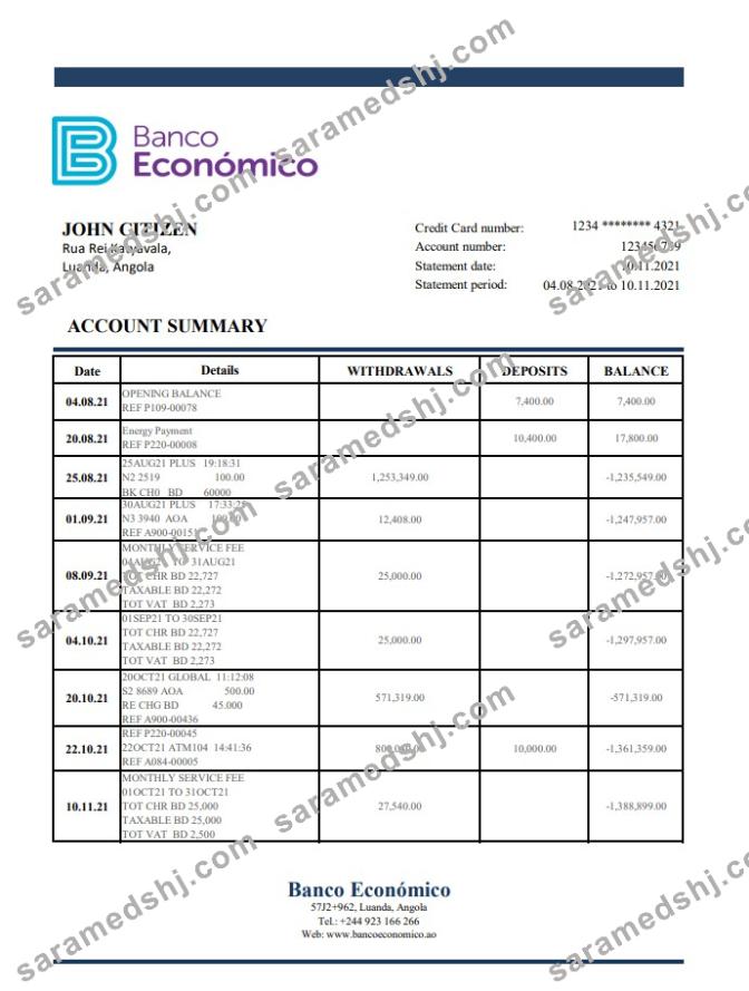 Angola Banco Ecenomico bank statement template in Excel and PDF format